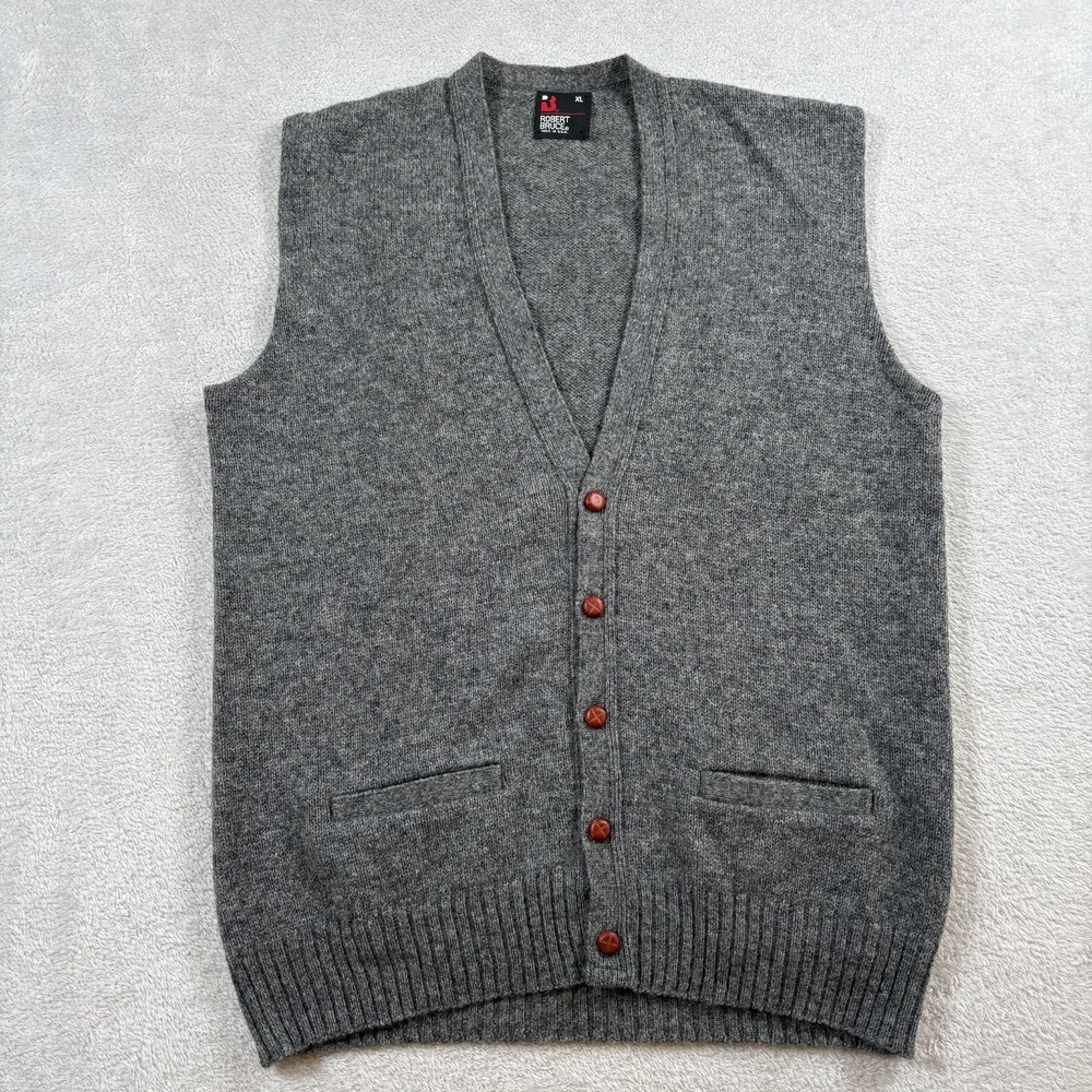 Vintage‎ Robert Bruce Sweater Vest Men XL Gray Wool  V Neck Tight Knit Ribbed